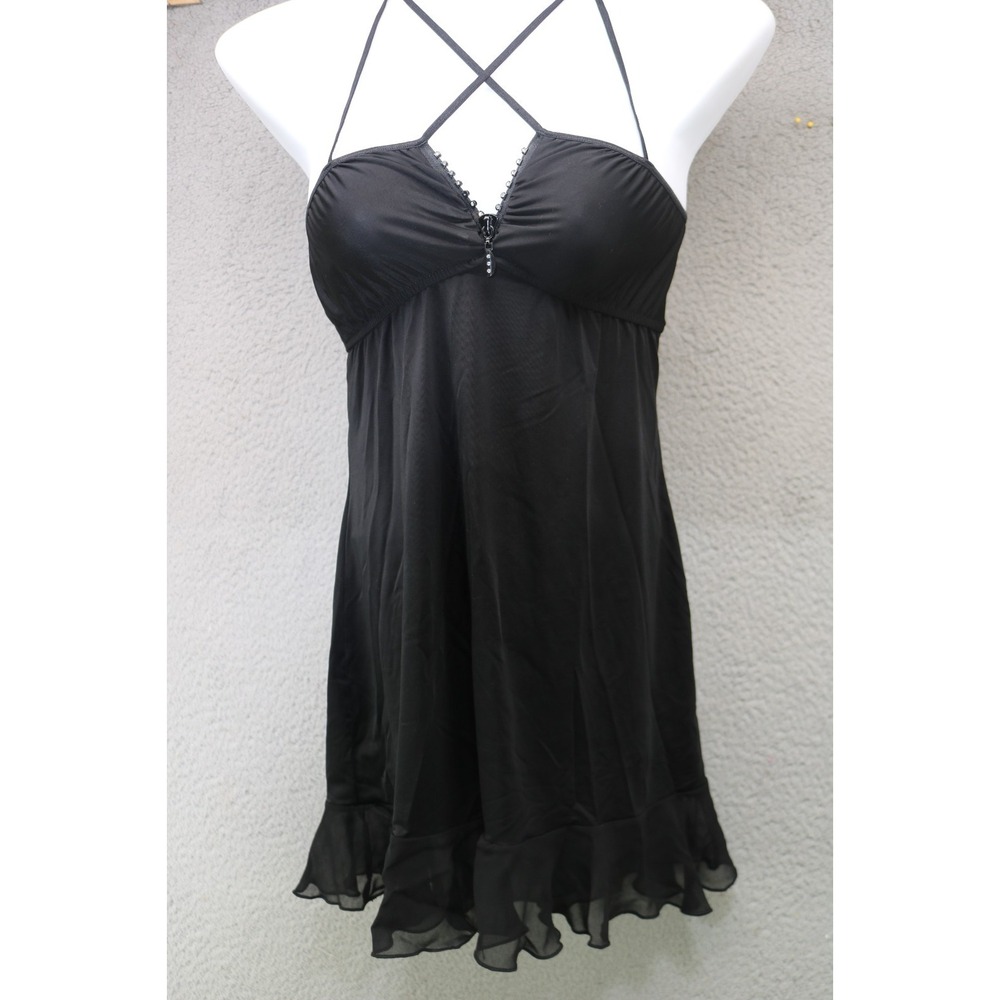 Fantasy Lingerie Black Strappy Babydoll Nightie-Small-Rhinestones-Sexy-Goth